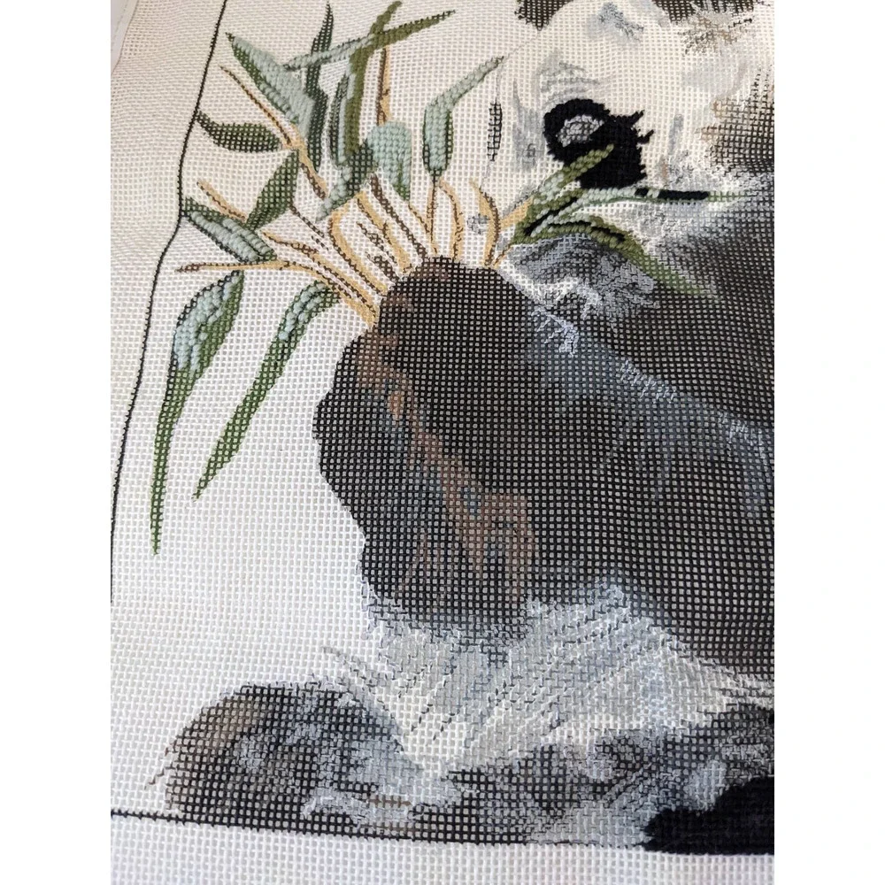 Vintage Hand Painted Needlepoint Canvas‎ Panda with Bamboo PARTIALLY COMPLETED